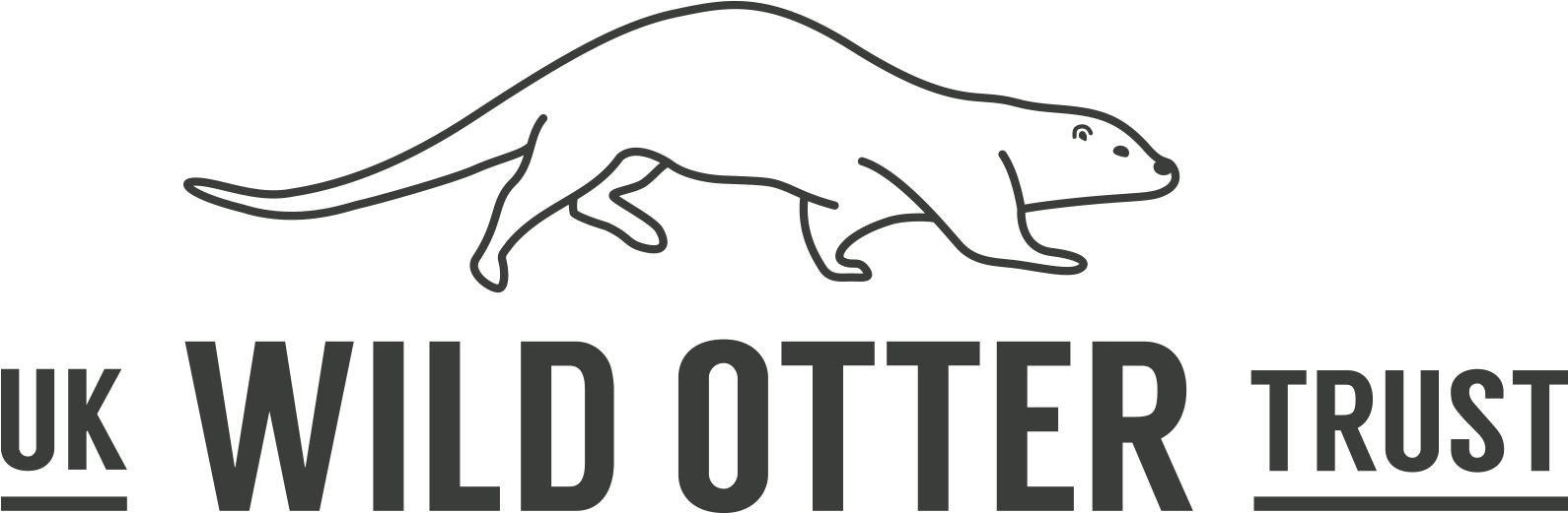 水獺 桌布 壁紙 — 黑色背景上，UK WILD OTTER TRUST 文字上方有一隻正在移動的水獺的極簡灰色線條畫。