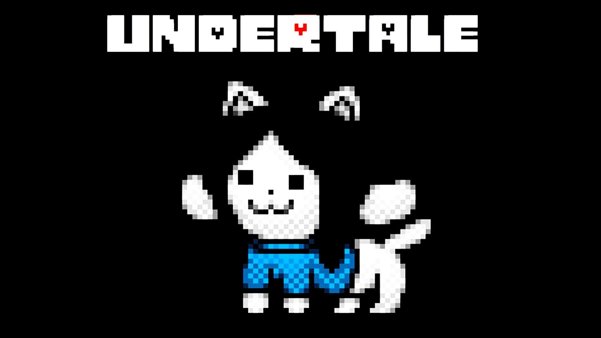 可愛貓咪 桌布 壁紙 — 黑色背景上，『UNDERTALE』文字下方，有一個像素化的白色角色，穿著藍色褲子，眼睛漂浮。
