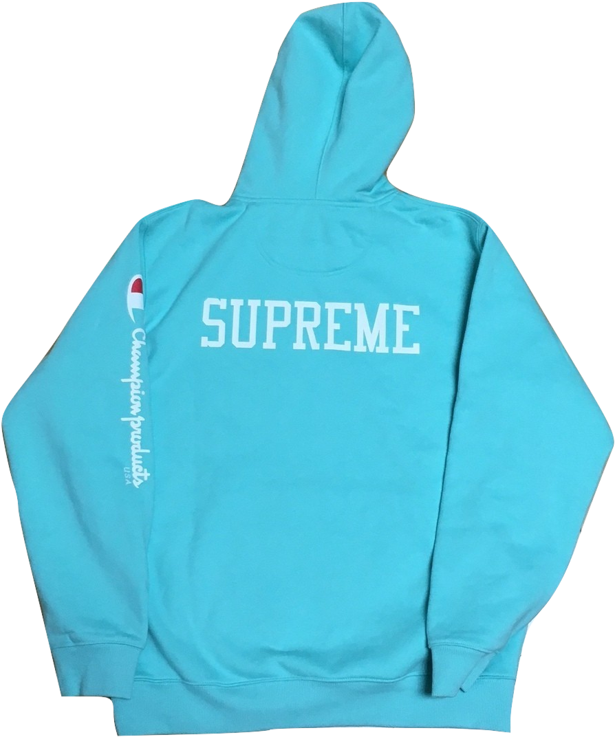 supreme 桌布 壁紙 — 黑色背景上，一件青綠色連帽衫的背面，帶有白色 'SUPREME' 文字和袖子上 Champion 標誌。