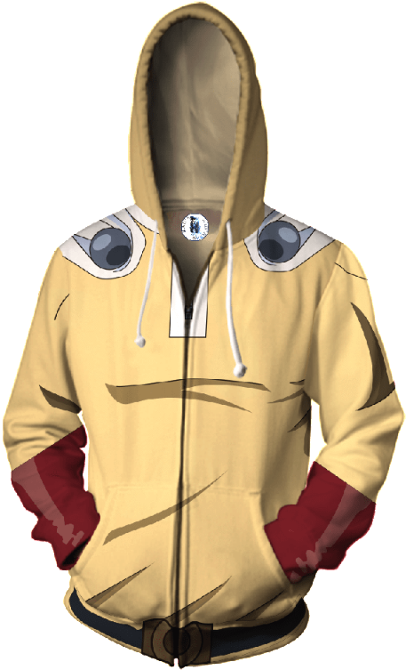 Hoodie 桌布 壁紙 — 黑色背景上，一件黃色拉鍊連帽衫，肩部有卡通眼睛，紅色袖子。