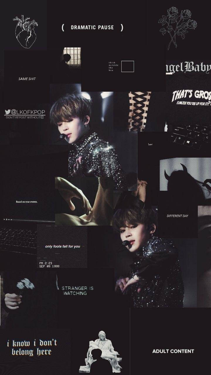 Jimin Aesthetic 桌布 壁紙 — 黑色背景上，一位身穿閃亮服裝的男性表演者的陰暗情緒化拼貼畫，帶有文字疊加和象徵性圖像。