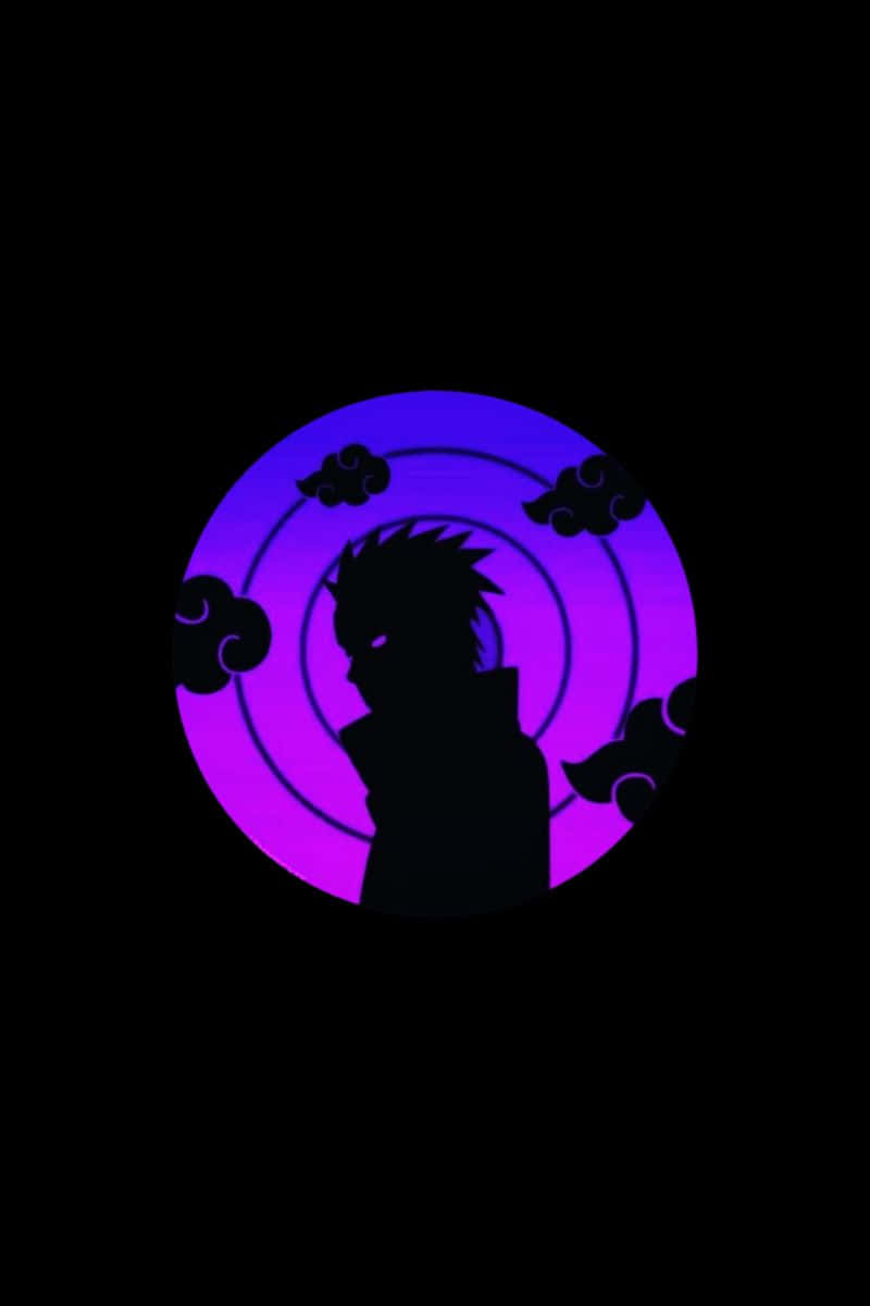 Rinnegan 桌布 壁紙 — 黑色背景上，一個刺蝟頭髮的動漫角色剪影，襯托著一個發光的紫色圓形封印，帶有黑色雲朵圖案。