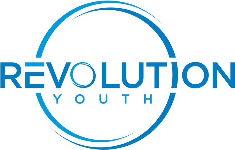 revolution 桌布 壁紙 — 黑色背景上，一個動態不完整的圓環包圍著大膽的藍色「REVOLUTION YOUTH」文字。