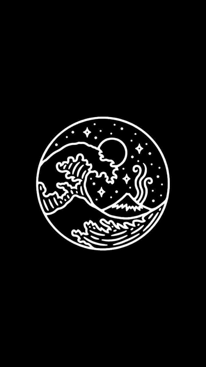 Wave 桌布 壁紙 — 黑色背景上，一個圓圈內有新月和星星，下方是簡約白色線條繪製的波浪衝擊山脈的圖案。