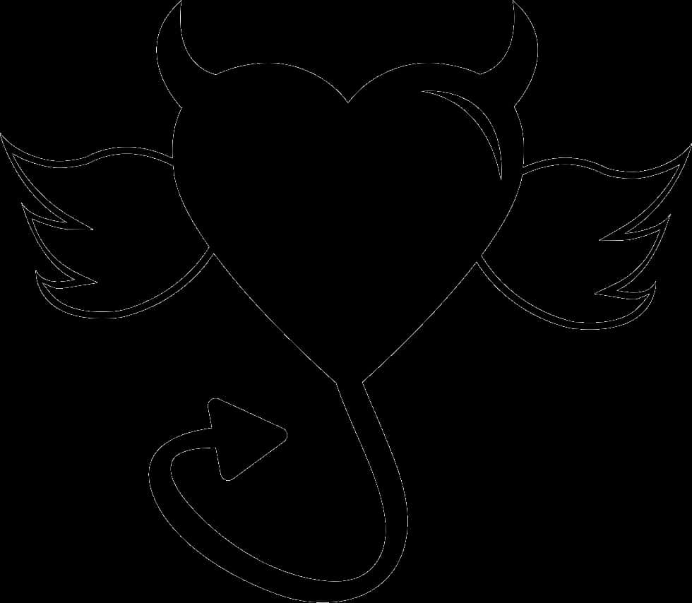 Devil Horn 桌布 壁紙 — 黑色背景上，一個帶有惡魔角、翅膀和尾巴的心形簡約白色輪廓。