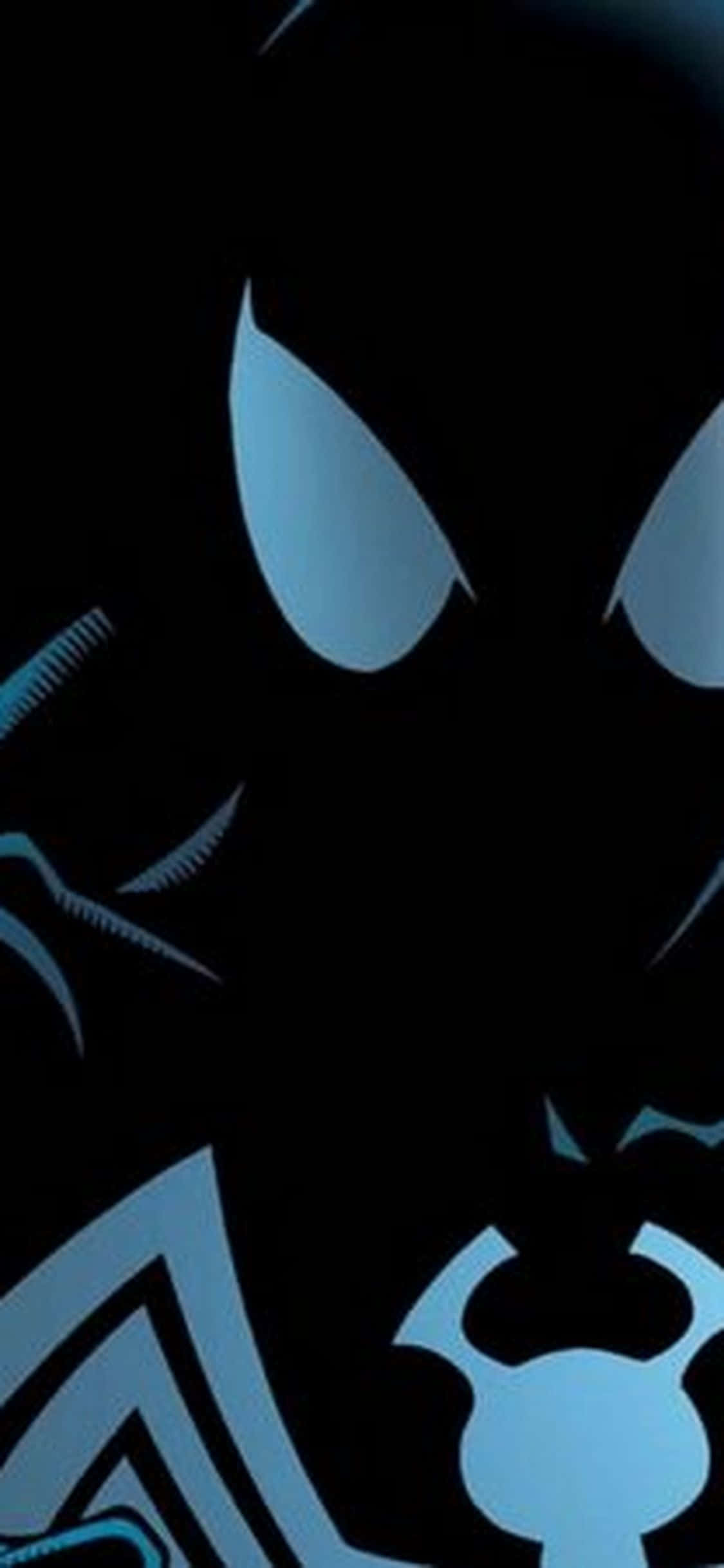 Carnage iPhone 桌布 壁紙 — 黑色背景上，一個帶有發光藍色眼睛和蜘蛛標誌的黑暗剪影特寫。