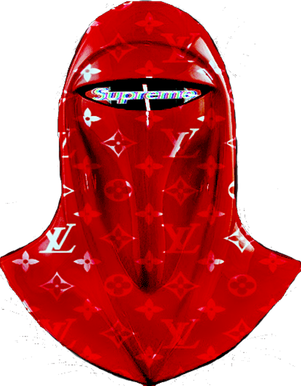 supreme 桌布 壁紙 — 黑色背景上，一個帶有白色 Louis Vuitton 字母圖案和 Supreme 標誌的亮面紅色連帽面具遮蓋雙眼。
