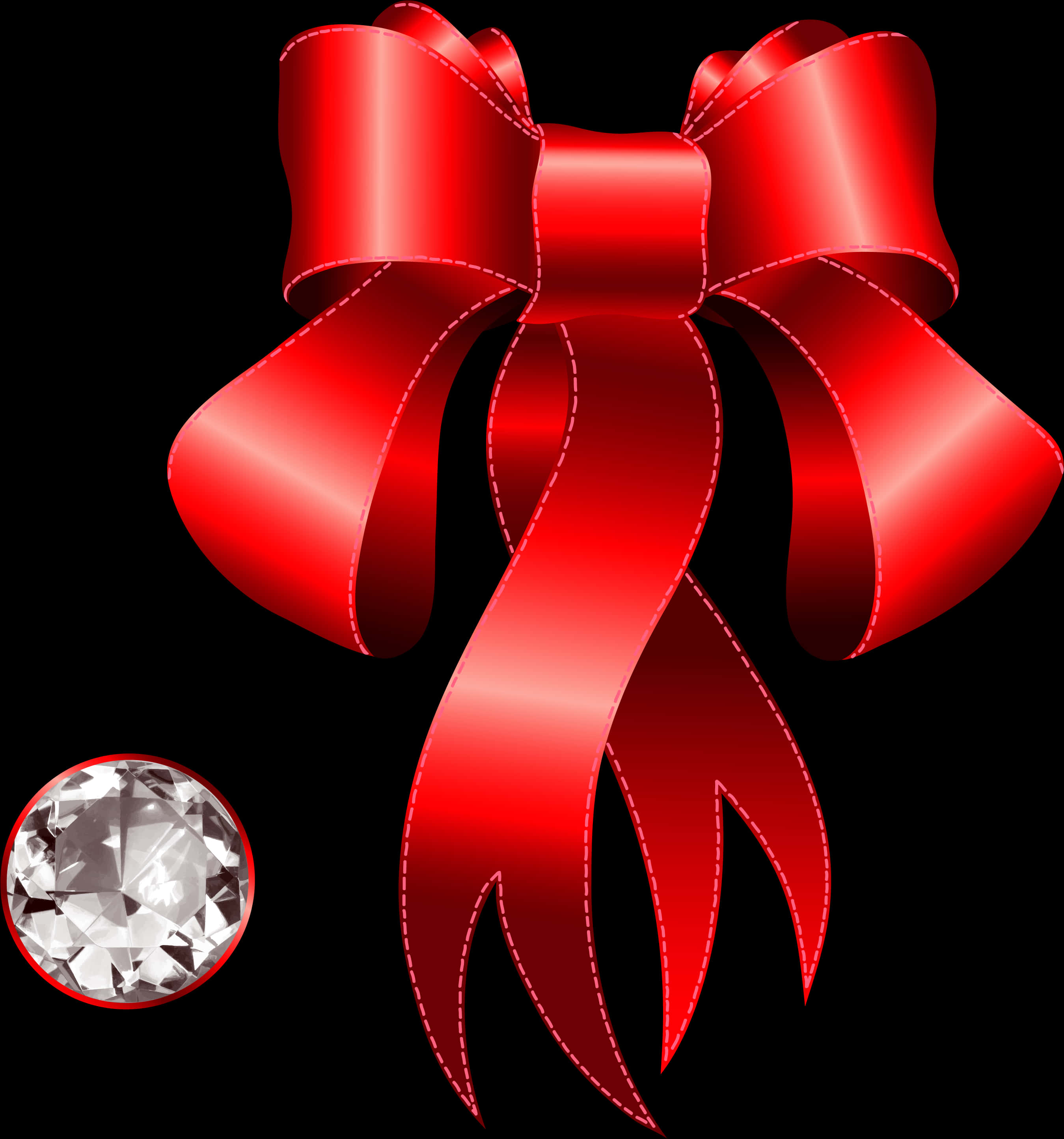 Ribbon Banner 桌布 壁紙 — 黑色背景上，一個帶有白色縫線的光澤紅色緞帶蝴蝶結和一顆閃閃發光的鑽石。