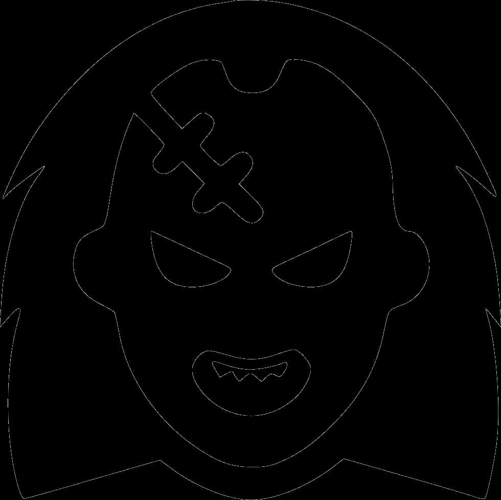 Chucky Doll 桌布 壁紙 — 黑色背景上，一個帶有縫合額頭和尖銳牙齒的威脅性面具臉孔的鮮明白色輪廓。