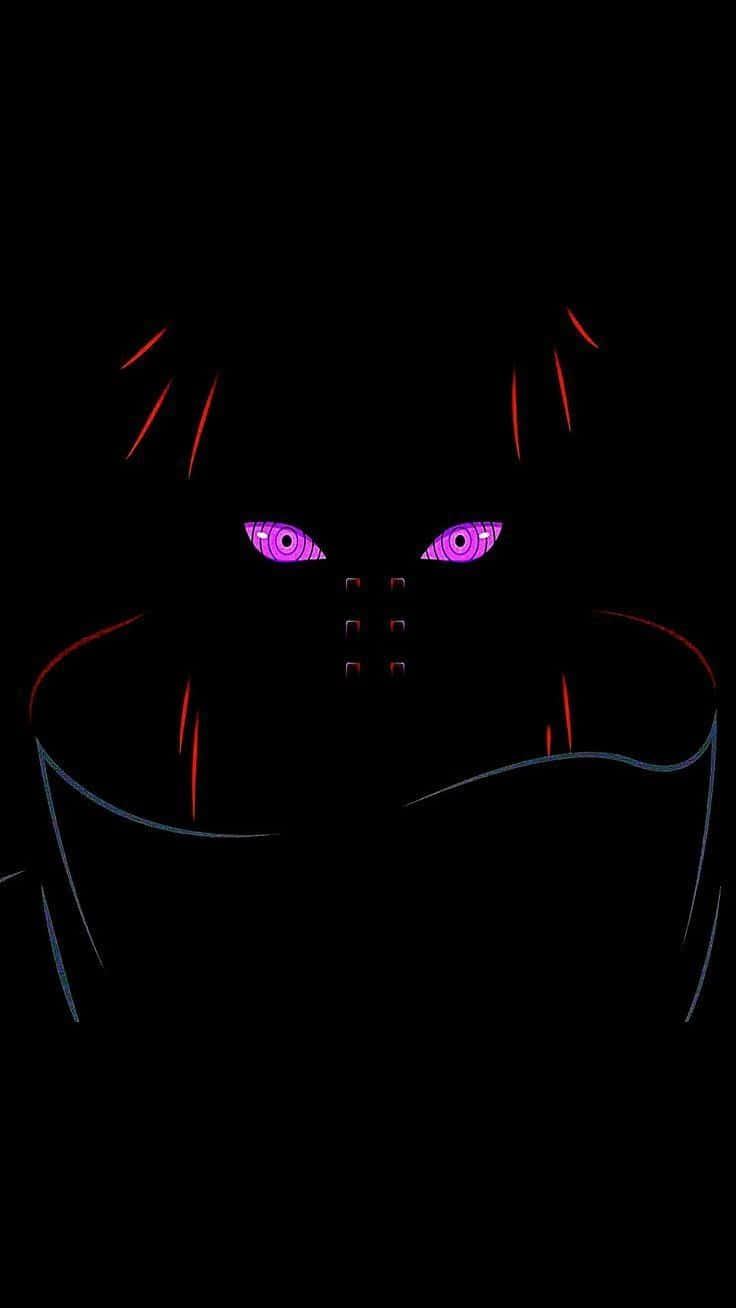 pain naruto 桌布 壁紙 — 黑色背景上，一個戴面具的動漫角色，擁有發光的紫色眼睛和紅色髮絲的黑暗剪影。