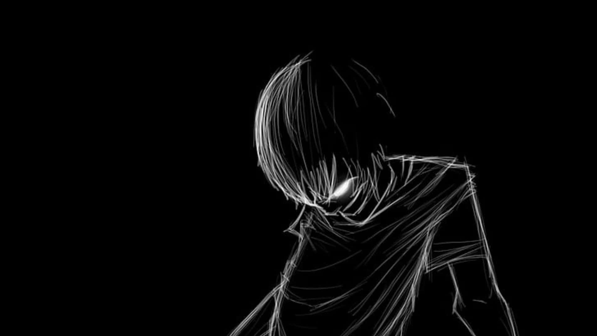 Horror Anime Boy 桌布 壁紙 — 黑色背景上，一個發光眼睛人物的極簡白色線條畫。