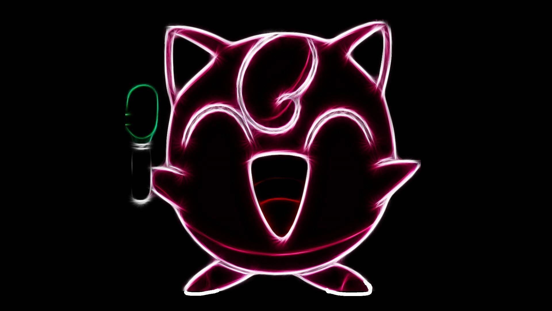 Jigglypuff 桌布 壁紙 — 黑色背景上，一個發光粉紅色霓虹輪廓的卡通貓角色，旁邊有一個綠色發光物體。