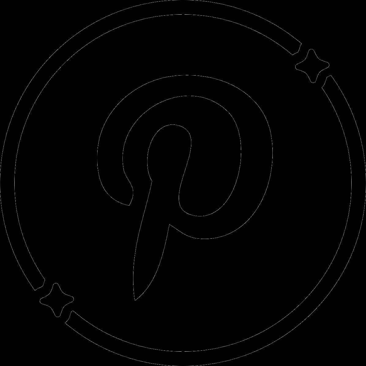 Pinterest Logo 桌布 壁紙 — 黑色背景上，一個簡約的白色線條藝術標誌，包含一個風格化的「P」在同心圓和星星點綴中。