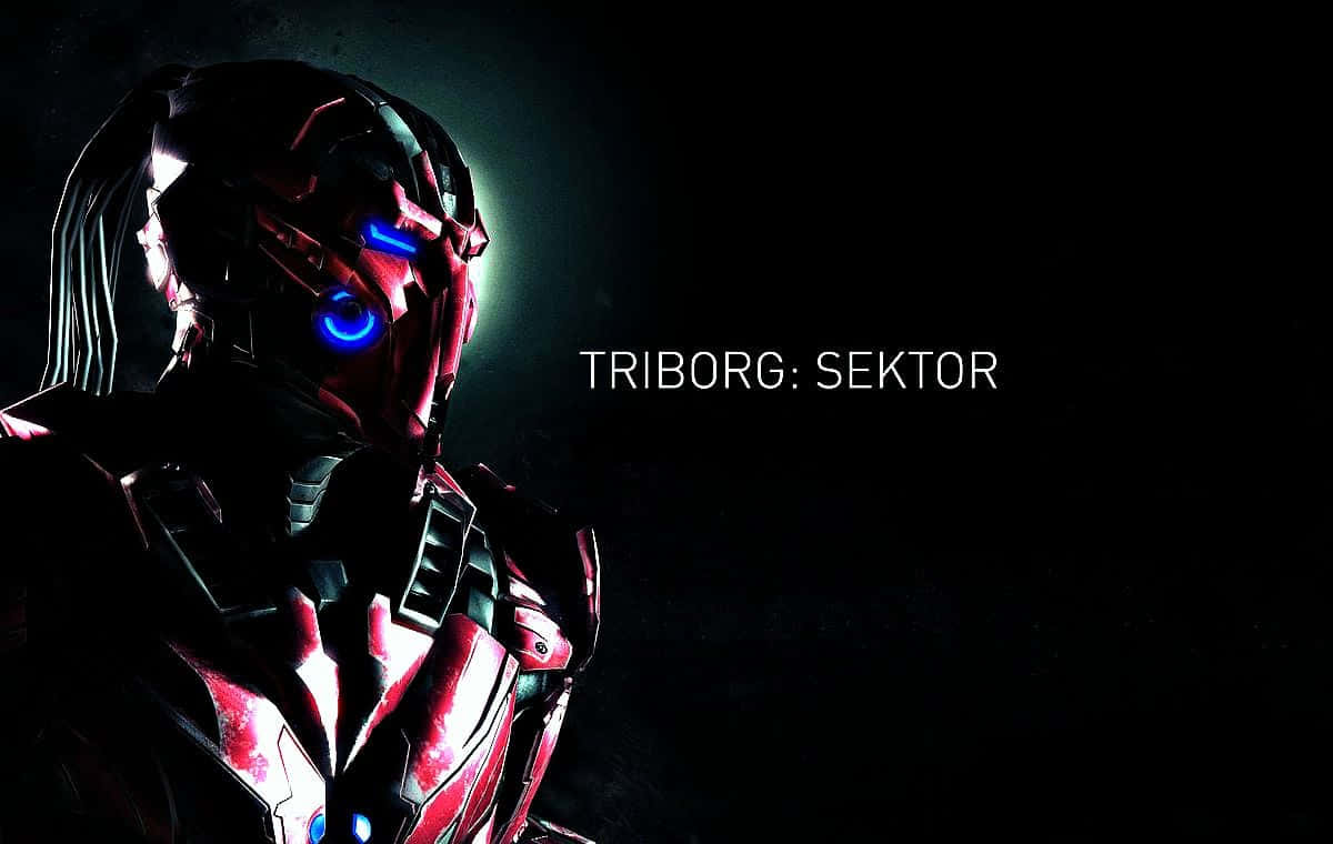Mortal Kombat Triborg 桌布 壁紙 — 黑色背景上，一個紅色裝甲機械戰士的黑暗剪影，帶有發光的藍色眼睛。