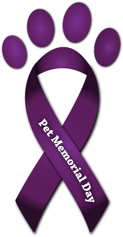 Memorial Day 桌布 壁紙 — 黑色背景上，一個紫色爪印形狀的絲帶，上面有文字 Pet Memorial Day。
