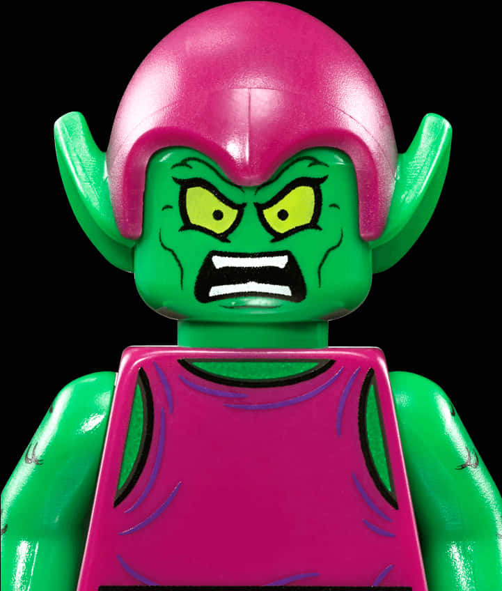 Villain 桌布 壁紙 — 黑色背景上，一個綠色LEGO迷你人偶，粉紅色頭髮，憤怒表情的特寫。