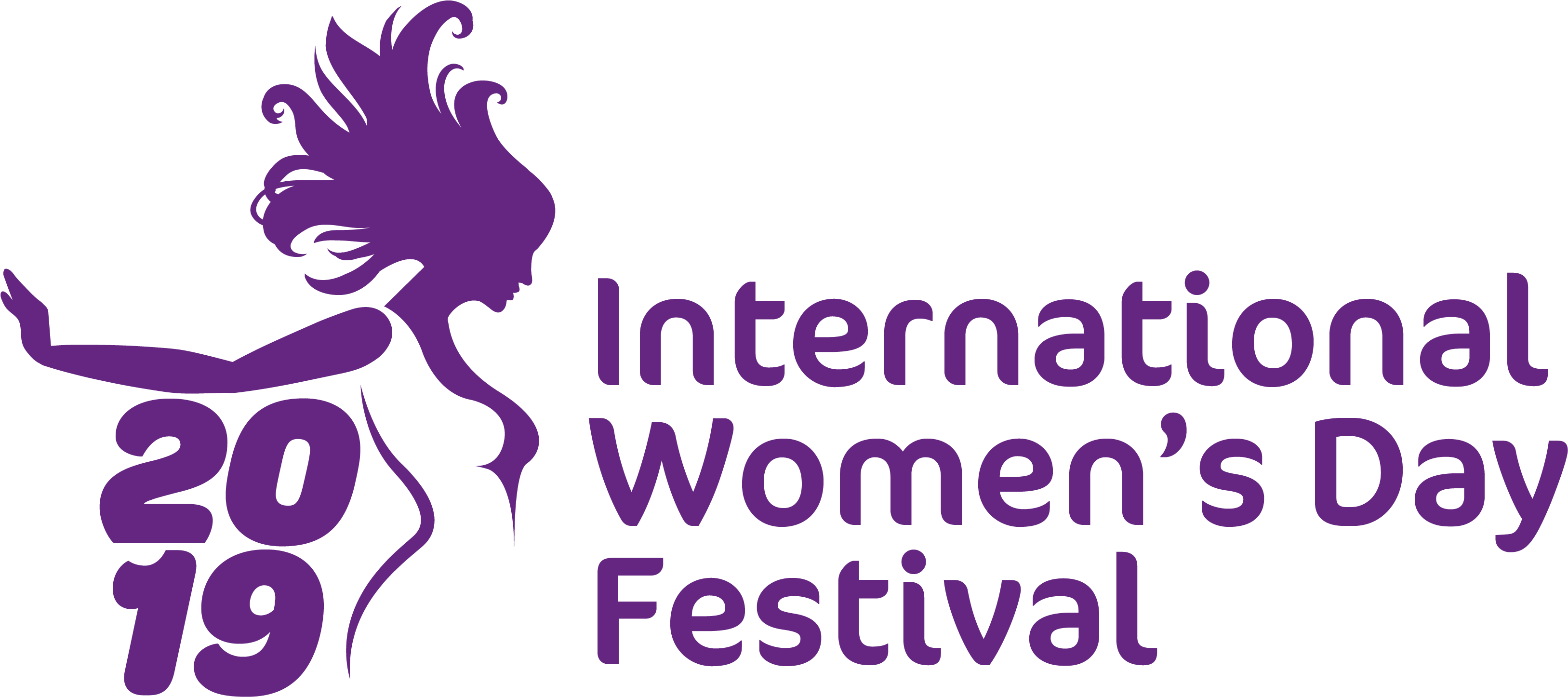International Womens Day 桌布 壁紙 — 黑色背景上，一個跳舞女人飄逸頭髮的紫色剪影，旁邊有文字「International Women's Day Festival 2019」。