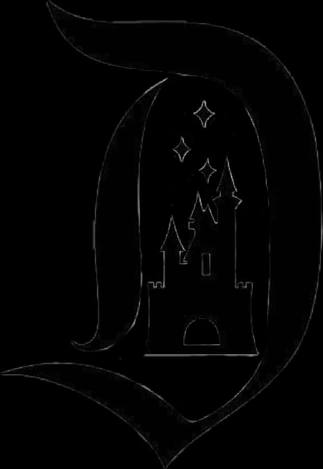 Disney Castle Silhouette 桌布 壁紙 — 黑色背景上，一個風格化字母D內有星星的城堡的極簡白色線條畫。