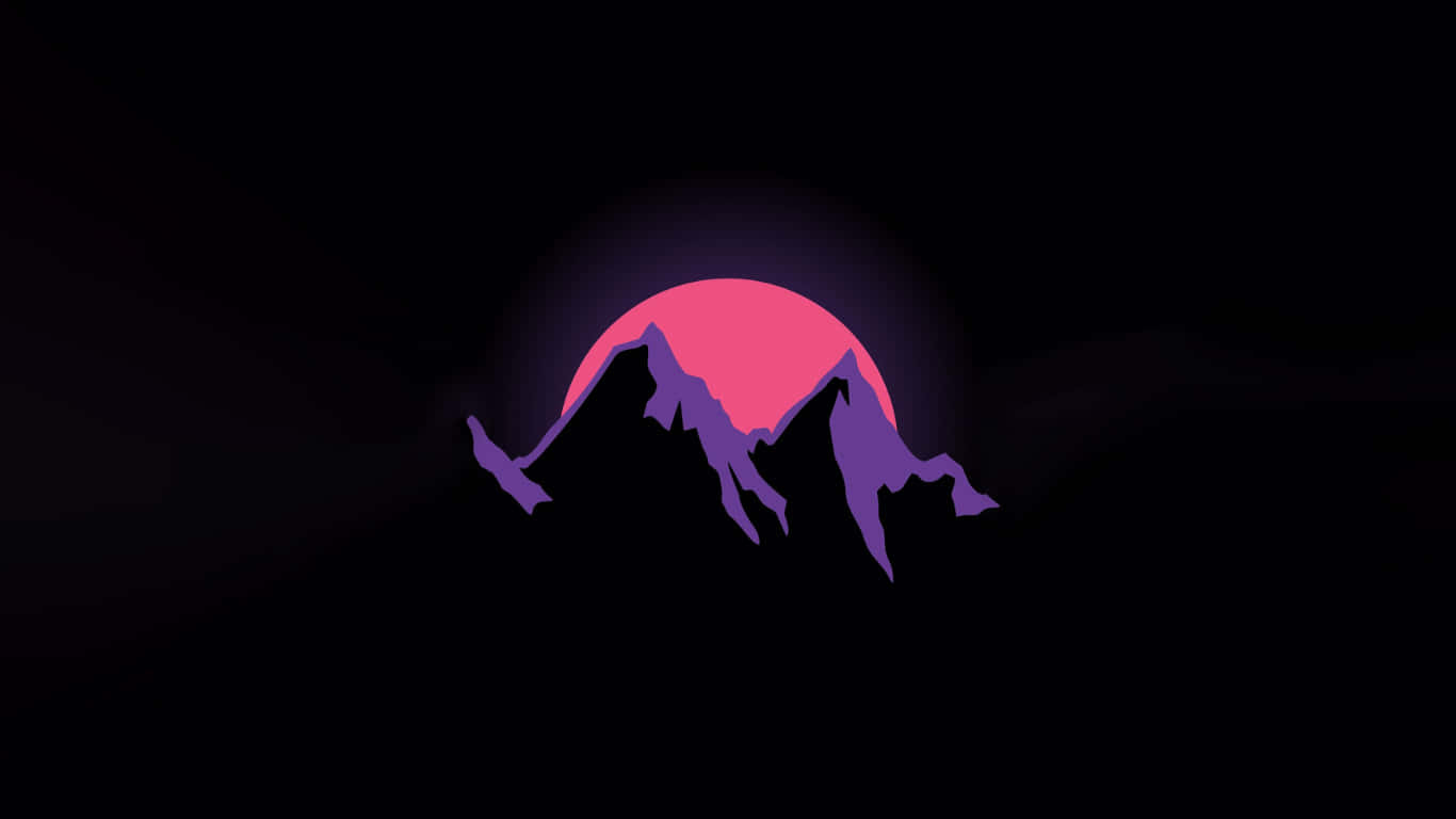 1366x768 Amoled 桌布 壁紙 — 黑色背景上，一個風格化的紫色山脈輪廓，襯托著發光的粉紅色日落。