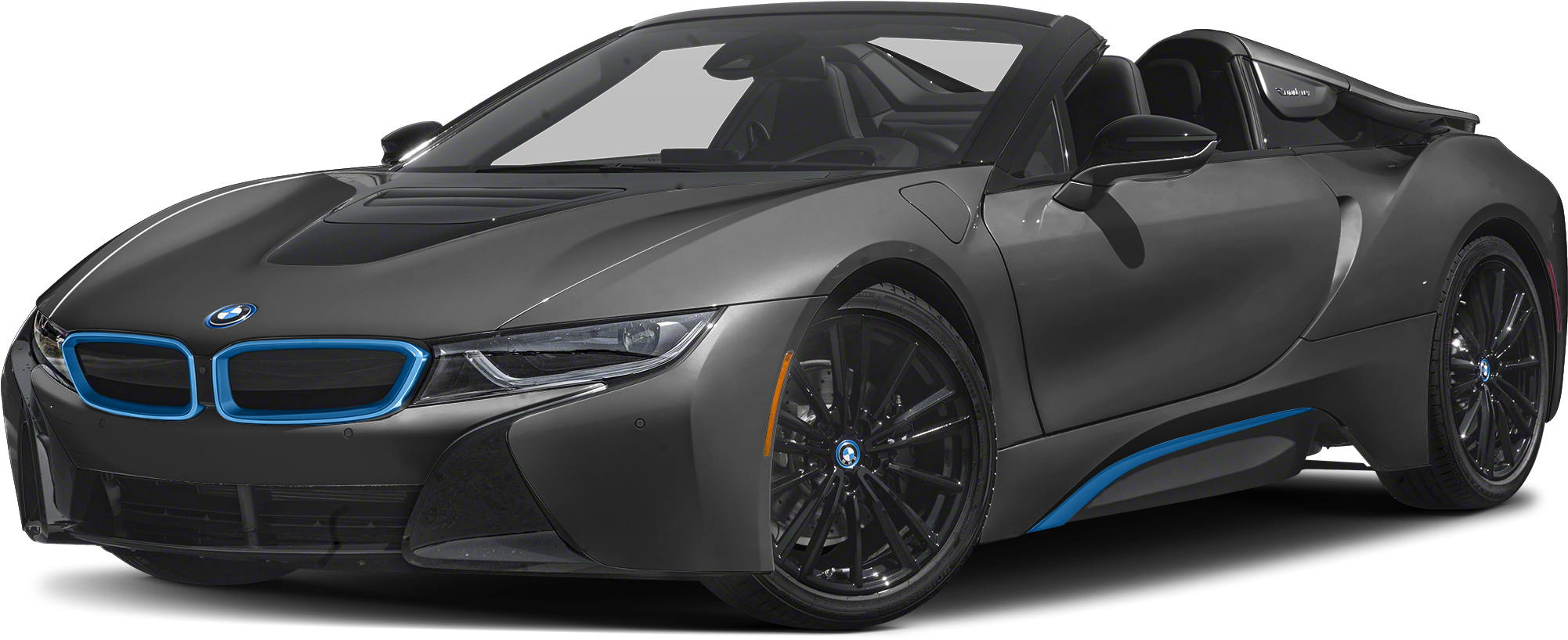 BMW 動圖 桌布 壁紙 — 黑色背景上，一輛時尚的啞光灰色BMW i8敞篷跑車，帶有發光藍色飾邊和黑色輪圈。