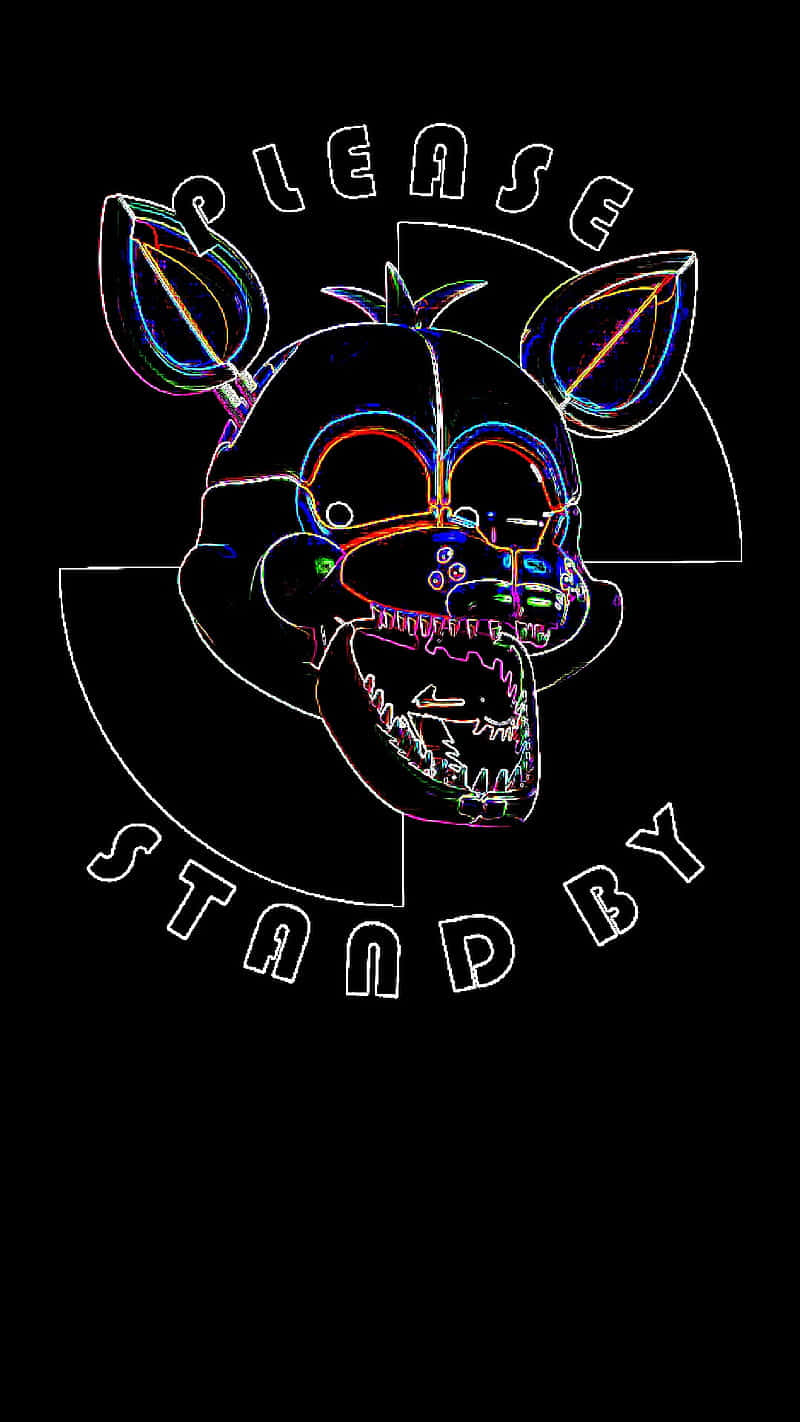 Lolbit 桌布 壁紙 — 黑色背景上，一隻帶有葉子耳朵的卡通電子動畫熊的發光霓虹輪廓，以及「PLEASE STAND BY」文字。