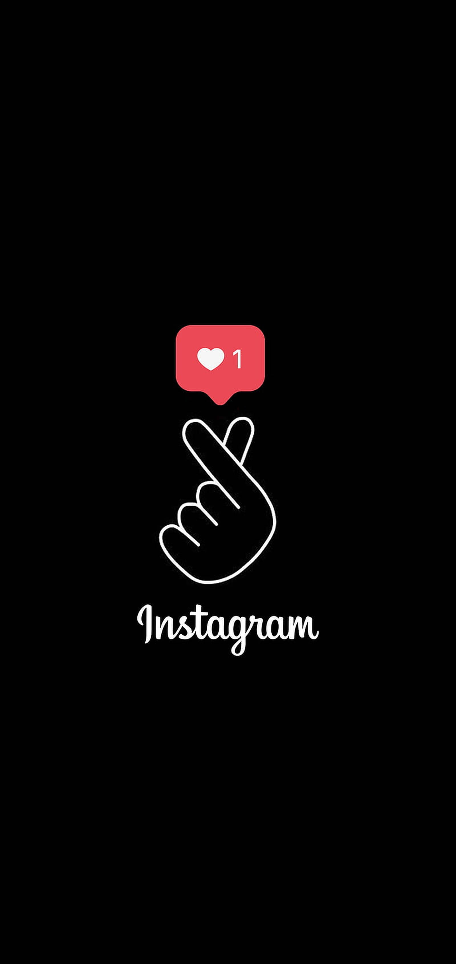 Instagram 桌布 壁紙 — 黑色背景上，一隻手做出心形手勢的極簡白色線條畫，上方有一個紅色 Instagram 通知氣泡。
