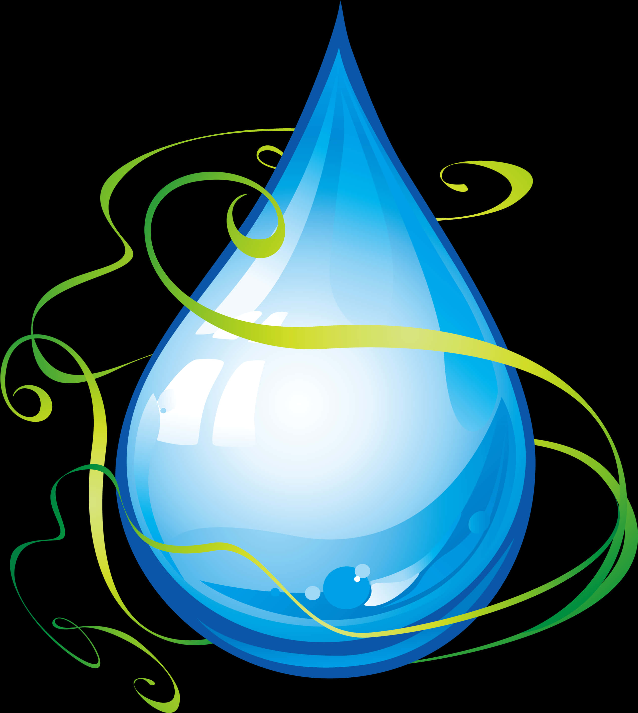 Water Droplet 桌布 壁紙 — 黑色背景上，一顆帶有旋轉綠色藤蔓的光澤藍色水滴。