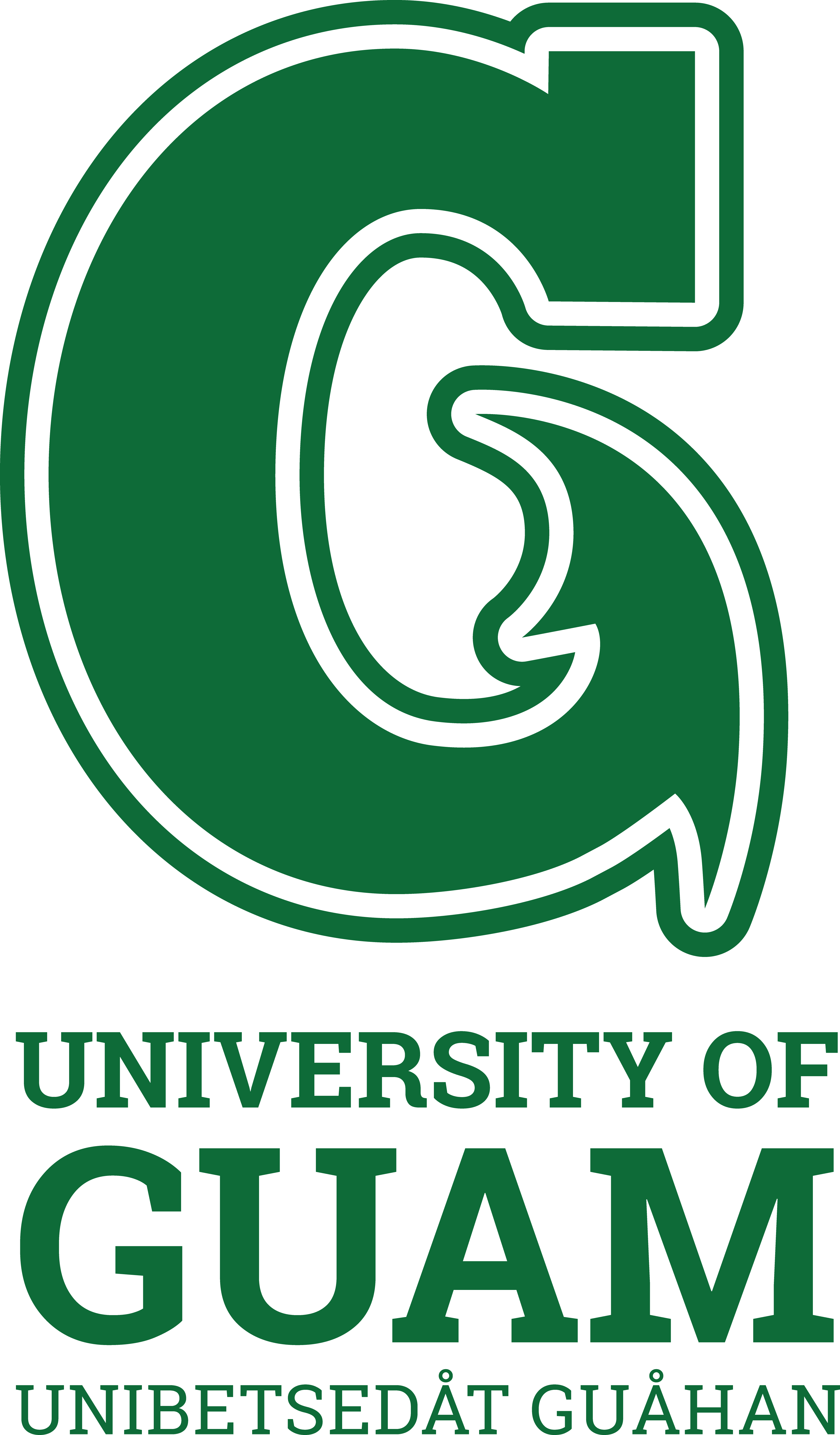 Guam 桌布 壁紙 — 黑色背景上，下方帶有University of Guam文字的醒目綠色風格化G標誌。
