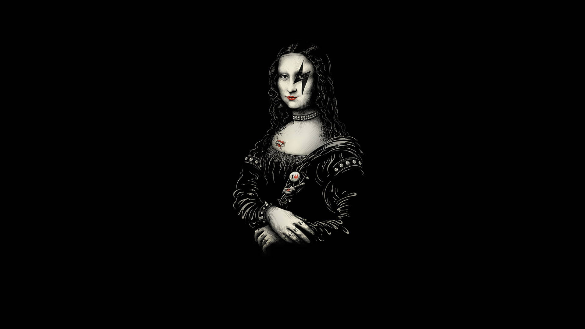 lisa 桌布 壁紙 — 黑色背景上，以哥德風格重新演繹蒙娜麗莎，臉上有一道閃電，身穿深色哥德服飾。