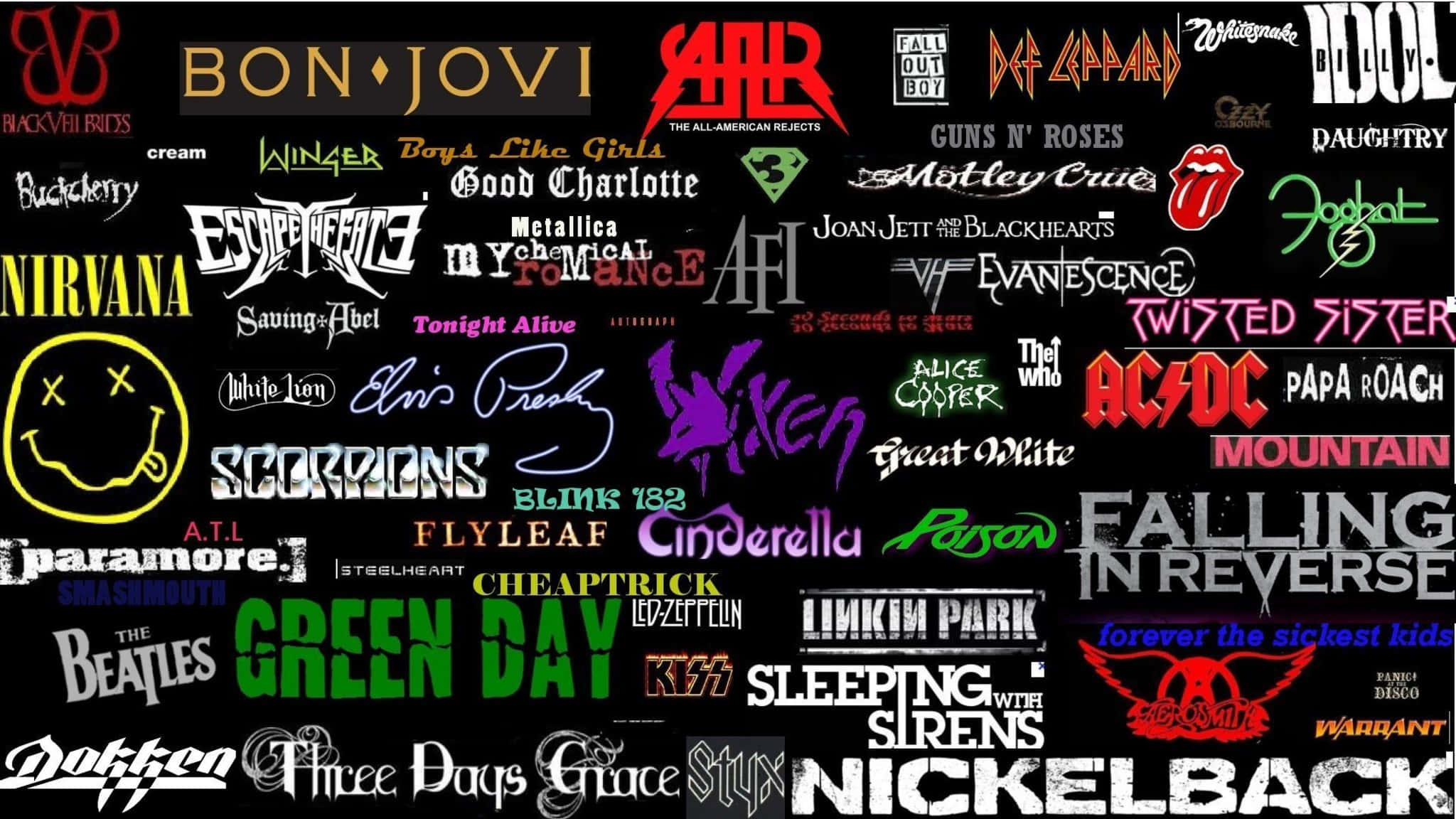rock n roll 桌布 壁紙 — 黑色背景上，以多種字體和顏色呈現的標誌性搖滾樂隊標誌的鮮明拼貼畫。