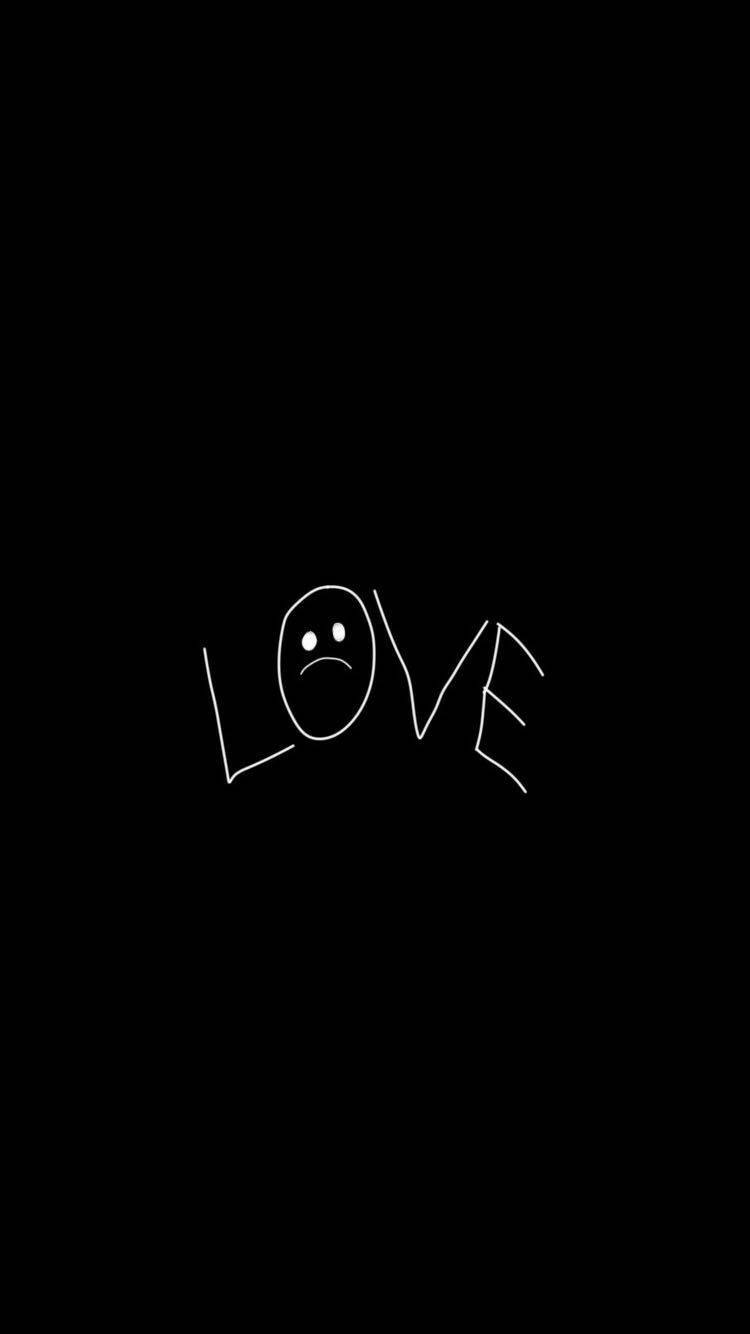 桌布 壁紙 — 黑色背景上，以極簡白色線條繪製的 LOVE 字樣，其中 O 被一個悲傷的表情取代。