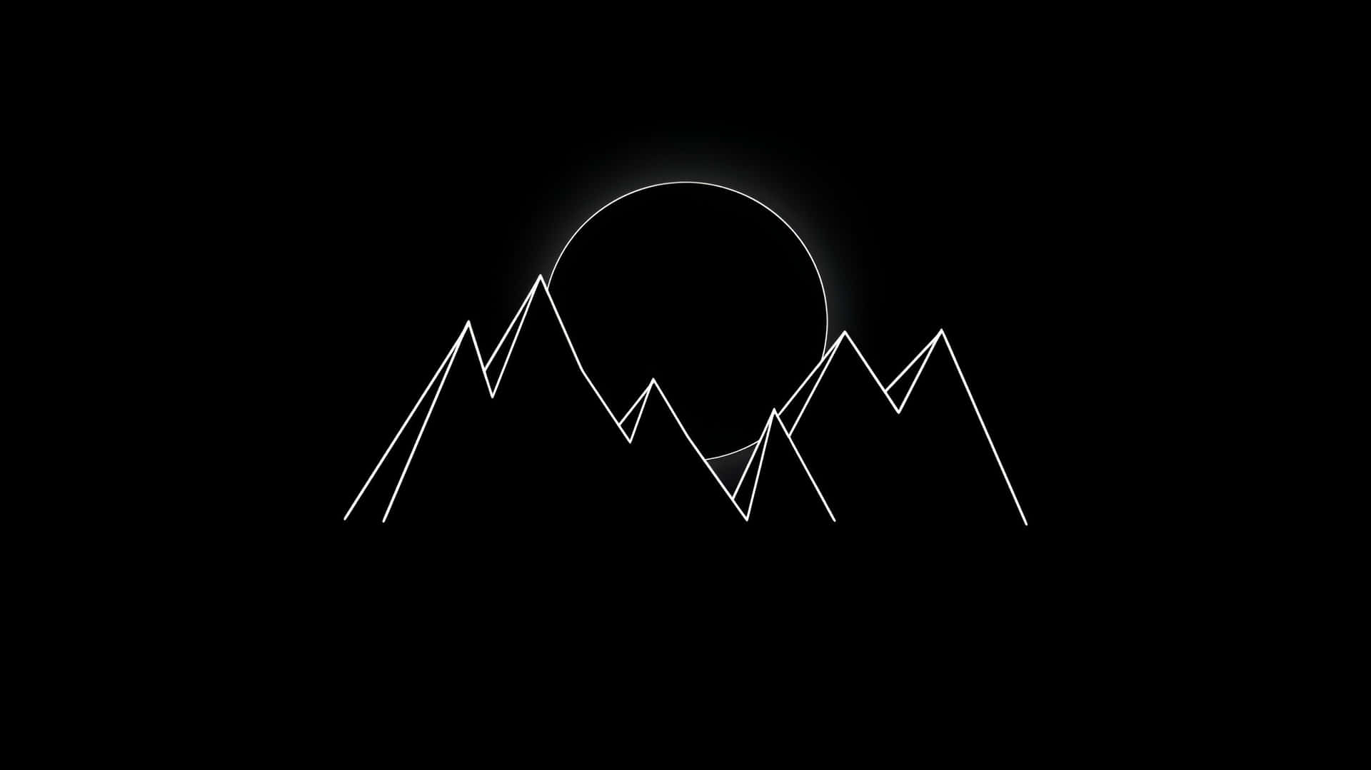 Minimalist Dark Landscape with Eclipse 壁紙 — 黑色背景上，以極簡白色線條繪製的鋸齒狀山峰，背後有一輪發光的太陽。