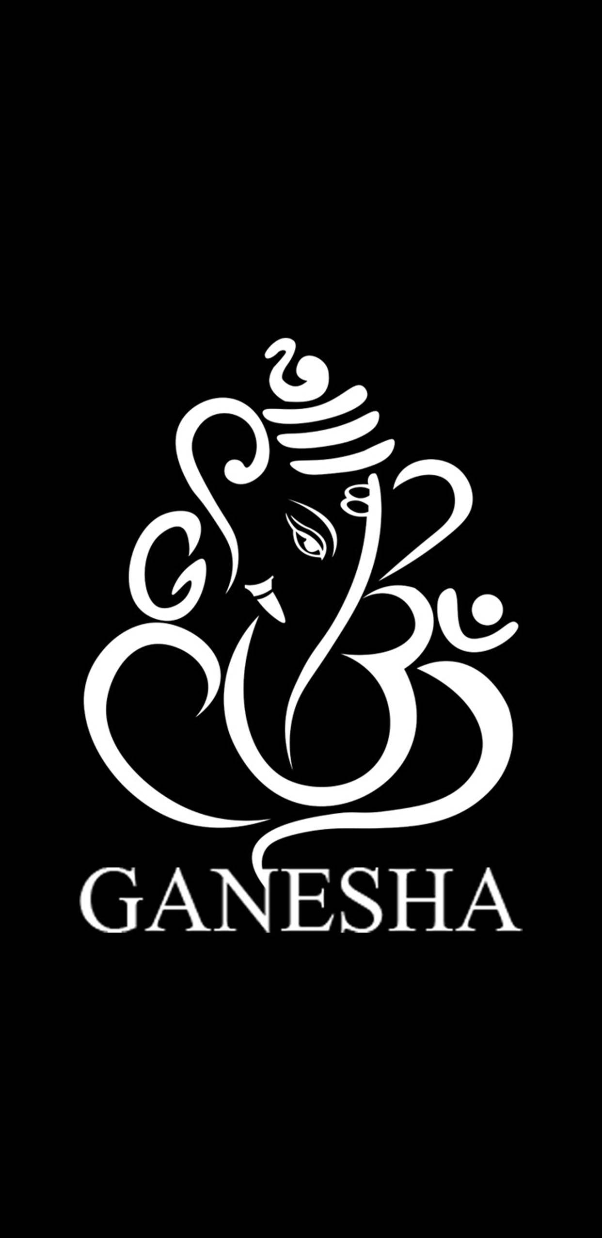 Ganesh 桌布 壁紙 — 黑色背景上，以流暢曲線和下方GANESHA字樣呈現的簡約白色線條象頭神像。