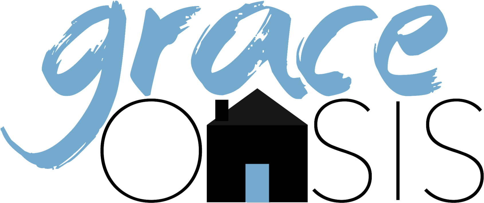 綠洲 桌布 壁紙 — 黑色背景上，以淺藍色刷字字體書寫的「grace」一詞，下方有一個小房子圖標。