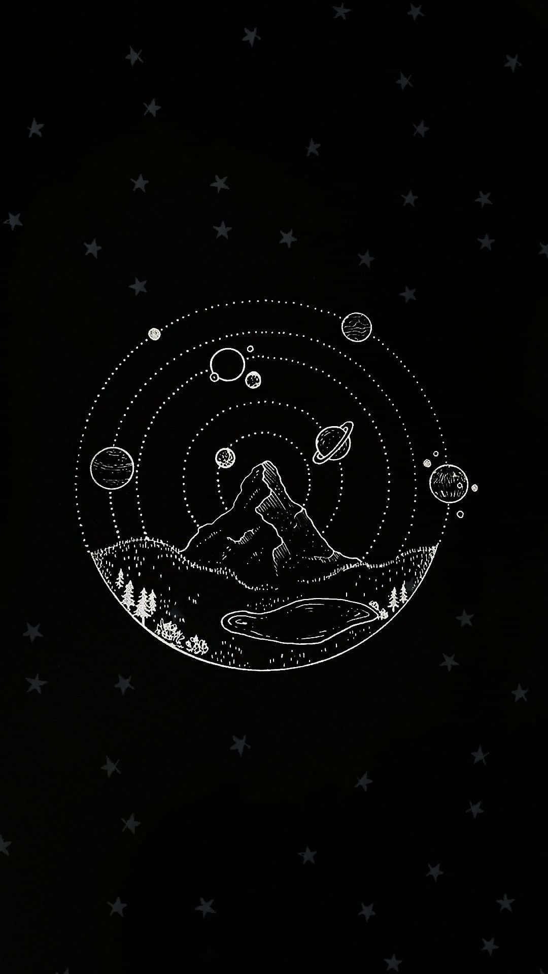 Black And White Star 桌布 壁紙 — 黑色背景上，以白色線條繪製的山中湖泊，周圍有環繞的行星和星星。