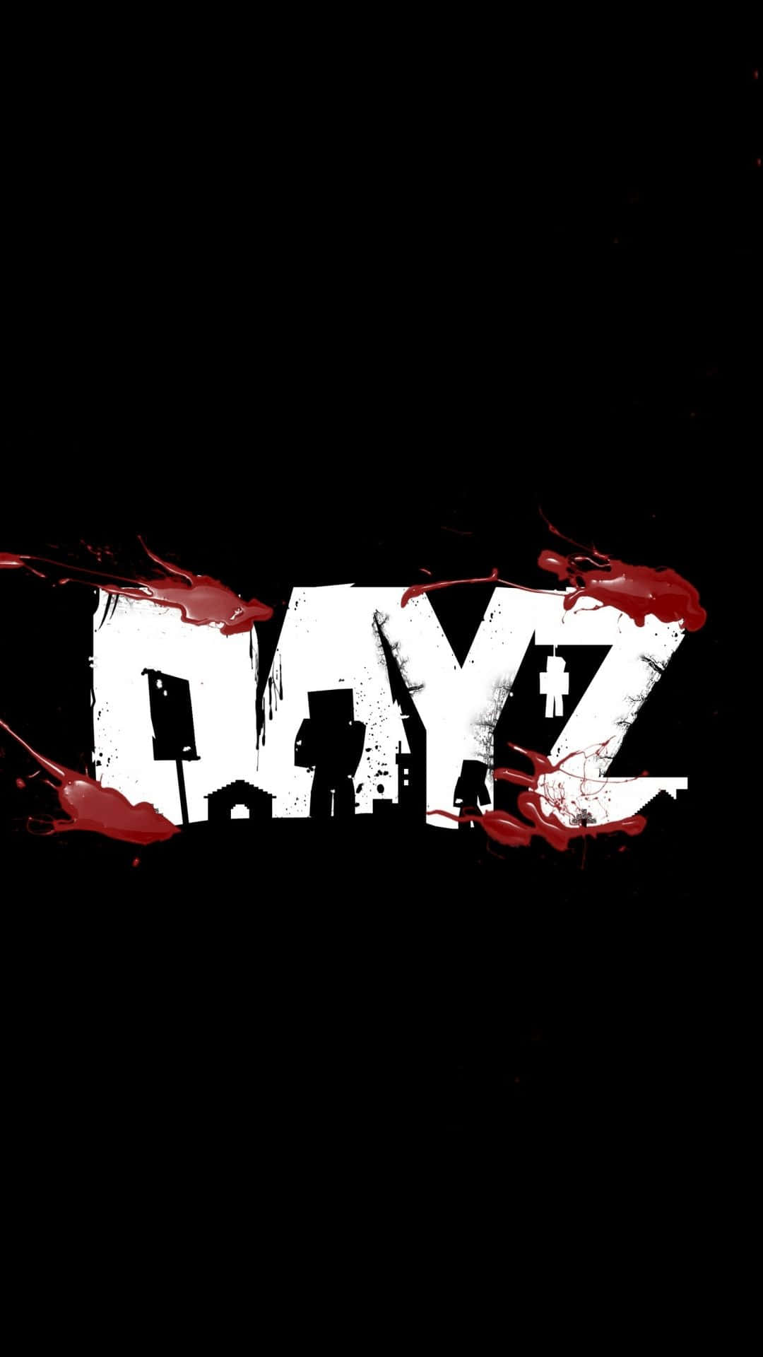 iPhone Xs Dayz 桌布 壁紙 — 黑色背景上，以粗體白色字母拼寫的「DAYZ」字樣，帶有紅色血跡和剪影。