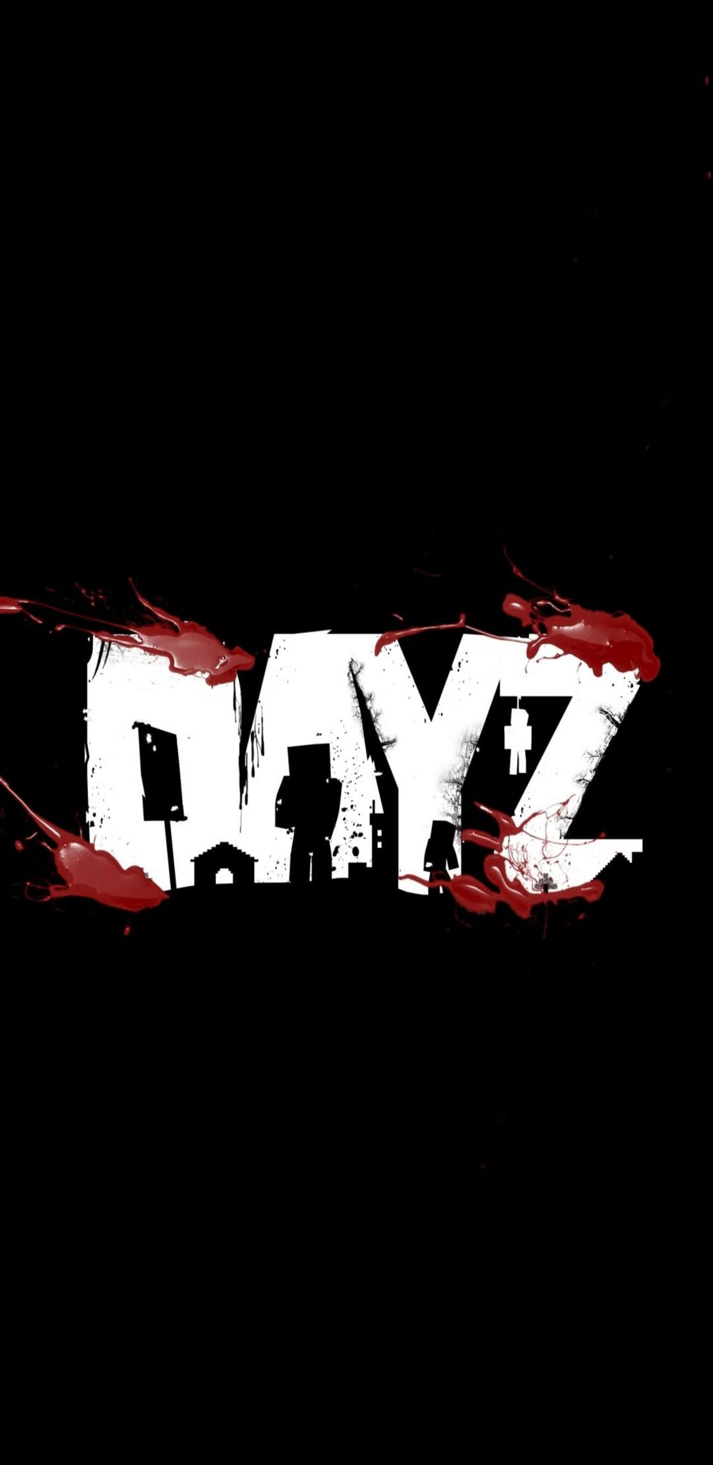 電玩遊戲 桌布 壁紙 — 黑色背景上，以粗體白色字母書寫的「DAYZ」字樣，帶有紅色血跡和剪影人物。