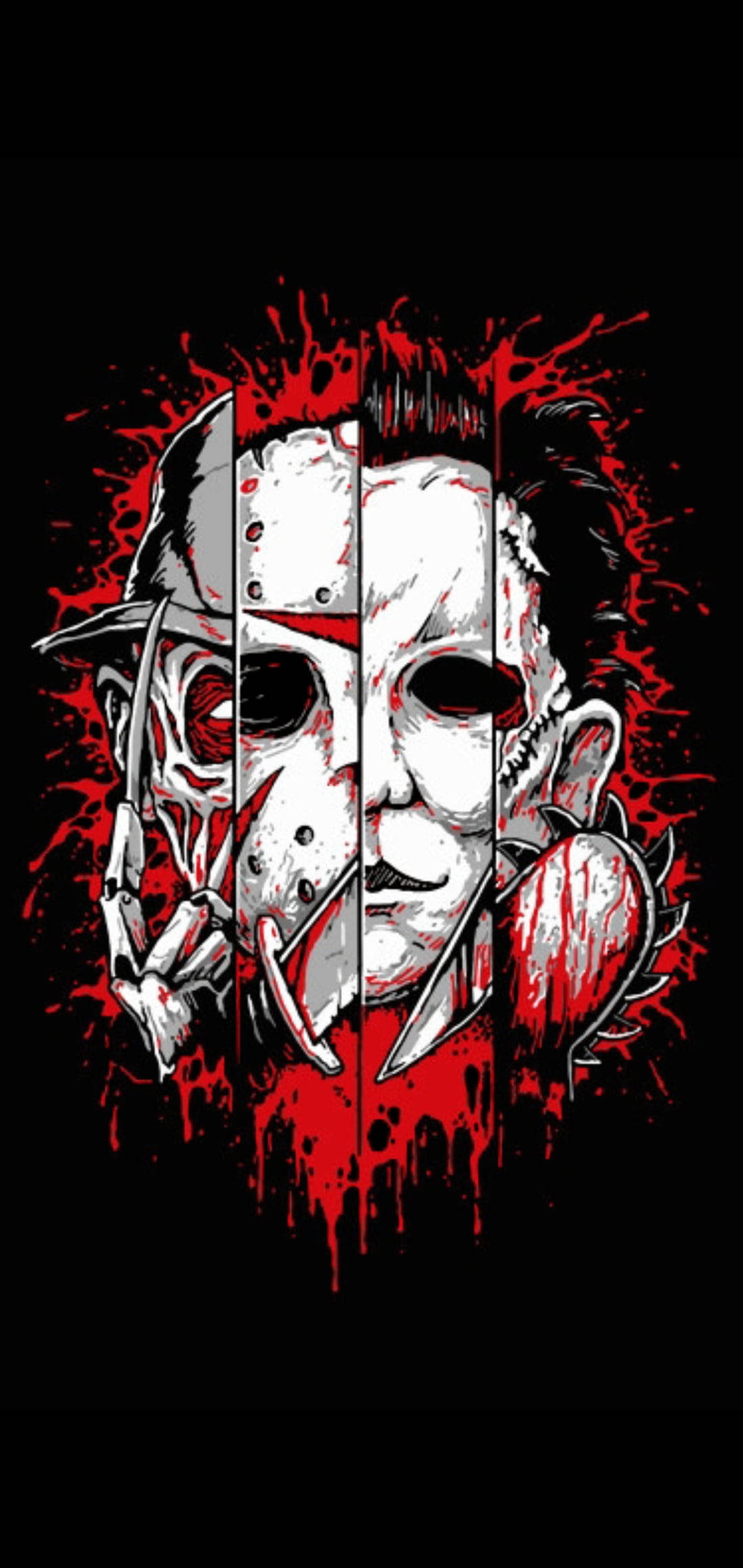 Leatherface 桌布 壁紙 — 黑色背景上，佛萊迪·克魯格和麥可·邁爾斯的裂面恐怖插圖，帶有血濺效果。