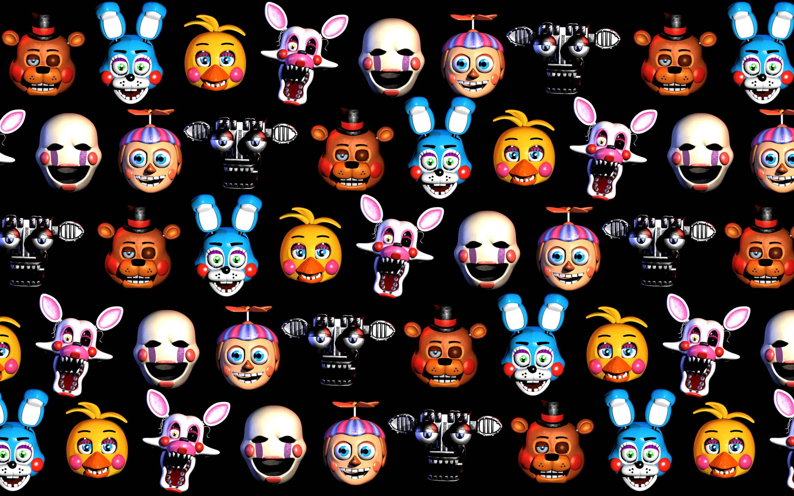 佛萊迪餐館之五夜驚魂 桌布 壁紙 — 黑色背景上，來自《Five Nights at Freddy's》的彩色機械人臉孔網格。