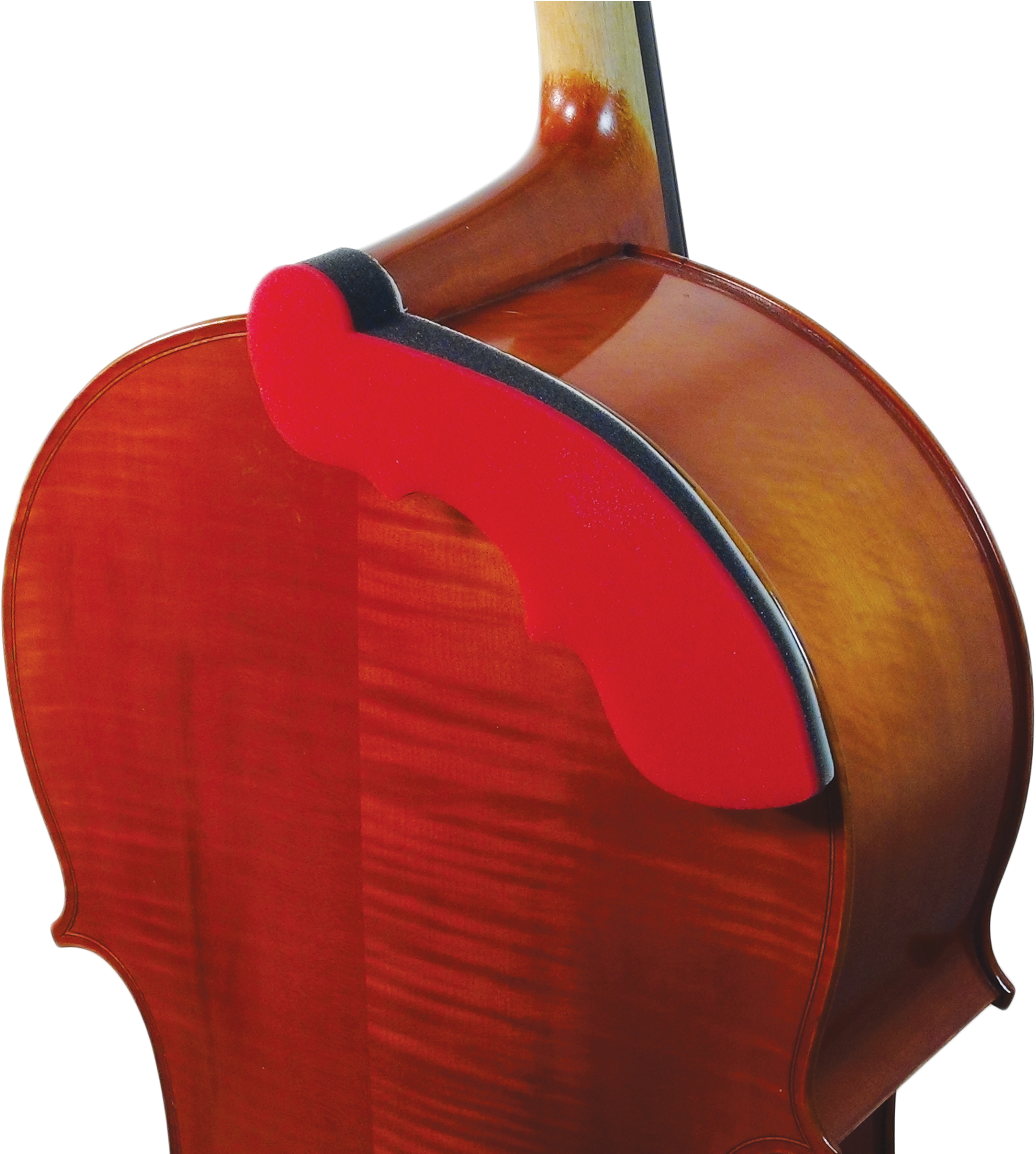 cello 桌布 壁紙 — 黑色背景上，光澤紅棕色大提琴琴身特寫，配有亮紅色腮托。