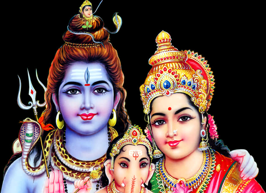 Hinduism 桌布 壁紙 — 黑色背景上，印度教神祇濕婆帕爾瓦蒂和象頭神甘尼薩佩戴華麗珠寶的生動插圖。