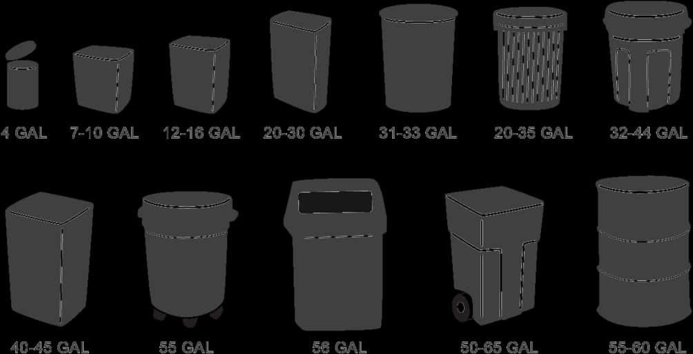 Trash Can 桌布 壁紙 — 黑色背景上，各種尺寸的灰色線條垃圾桶，標有加侖容量。