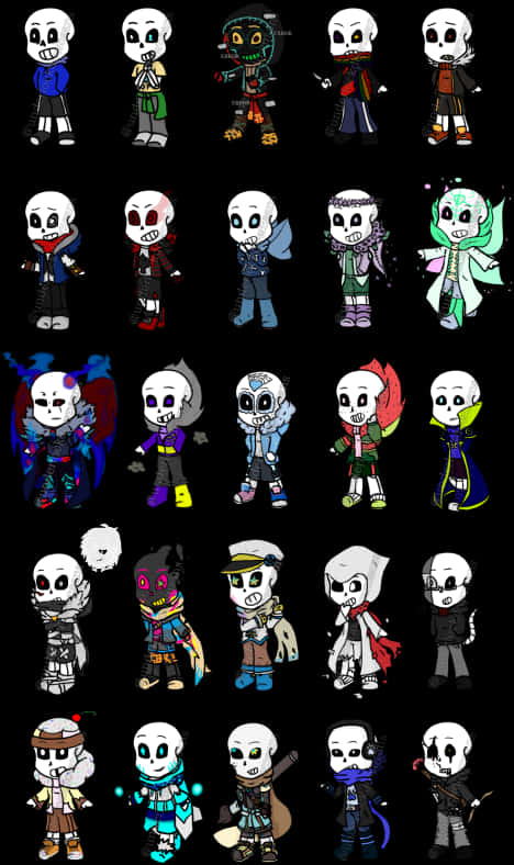 Undertale 桌布 壁紙 — 黑色背景上，各種色彩繽紛服裝和表情的Q版骷髏角色網格。