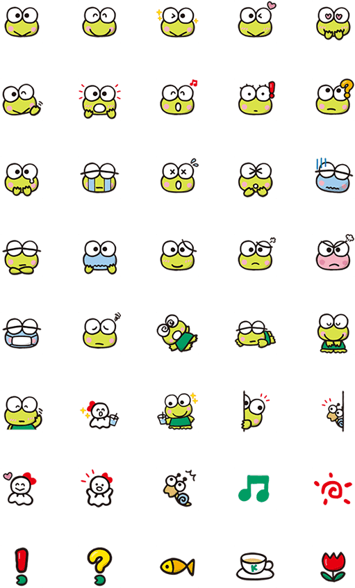 Cute Frog 桌布 壁紙 — 黑色背景上，各種表情和配件的可愛綠色青蛙表情符號網格。