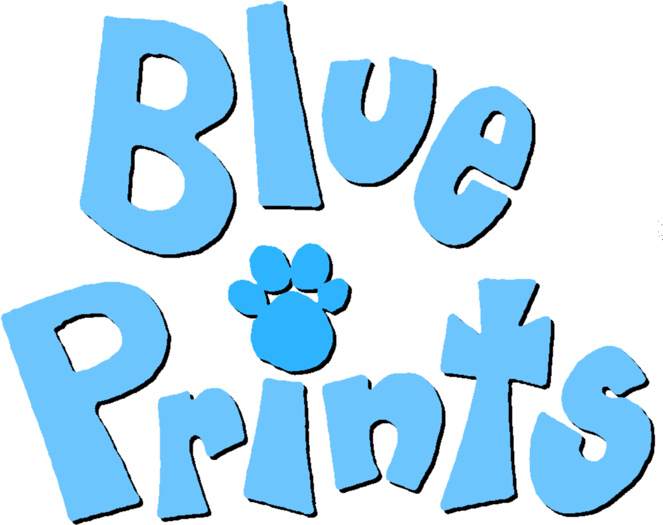 Blues Clues 桌布 壁紙 — 黑色背景上，單詞之間帶有爪印的粗體淺藍色「Blue Prints」文字。
