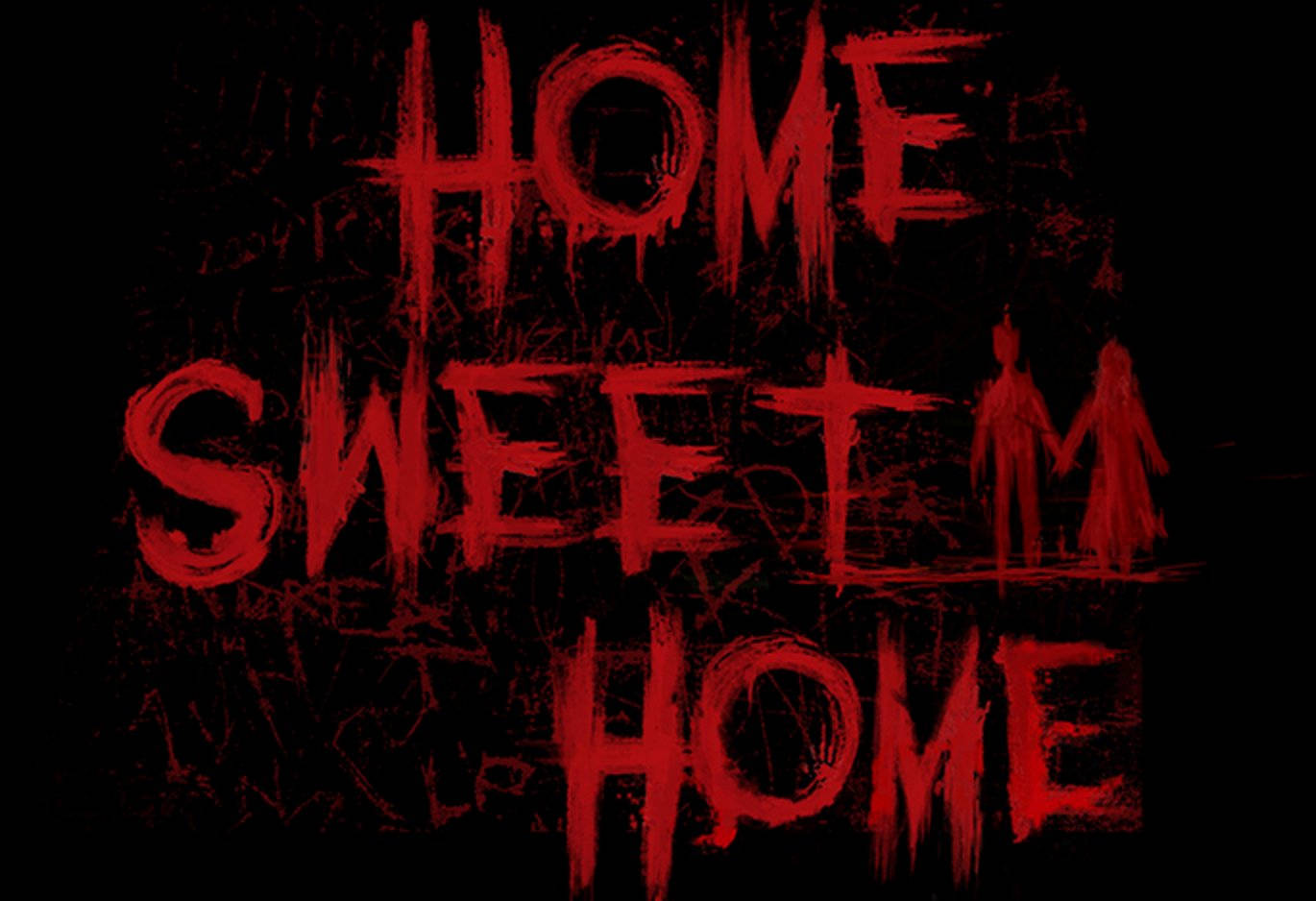 Home Sweet Home 桌布 壁紙 — 黑色背景上，塗鴉風格的紅色文字寫著「HOME SWEET HOME」，帶有滴落的油漆和兩個手牽手的人物剪影。