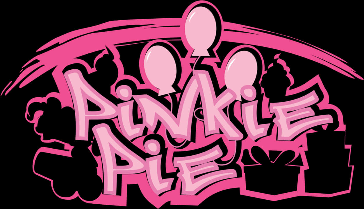 Graffiti Desktop 桌布 壁紙 — 黑色背景上，大膽的粉紅色塗鴉風格文字寫著「PINKIE PIE」，並帶有氣球和杯子蛋糕圖標。