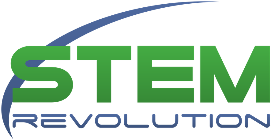 Stem 桌布 壁紙 — 黑色背景上，大膽的綠色和藍色「STEM REVOLUTION」標誌，帶有動態的弧形。