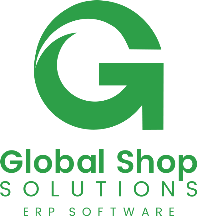 標誌 桌布 壁紙 — 黑色背景上，大膽的綠色風格化G標誌，帶有文字Global Shop Solutions ERP Software。