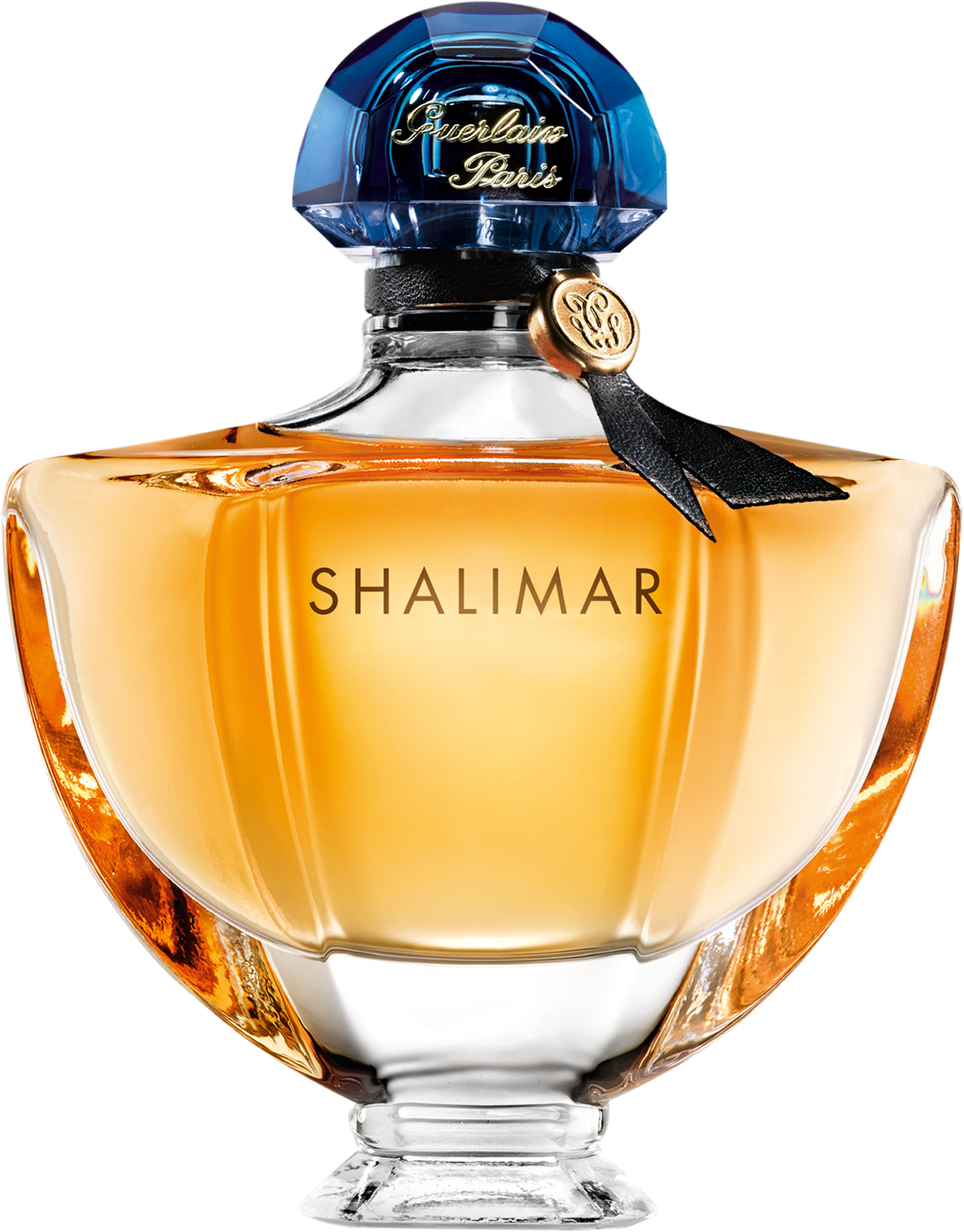 麥可·傑克森 桌布 壁紙 — 黑色背景上，奢華的 Guerlain Shalimar 香水瓶，內有琥珀色液體和藍色瓶蓋。